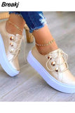 Summer Fashion Women Flats Solid Skateboard Shoes Comfortable Casual Pu Sneakers Female Platform Lace-Up Sneakers