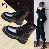 Winter Boots Women Ankle Booties Black Platform Boots Goth Shoes Lace Up Leather Boots Fahsion Designer