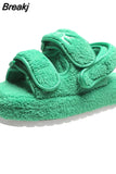 Women 2023 Autumn Fur Sandals Fashion Cozy Plush Gladiator Sandals Hook Loop Casual Ladies Slippers Platform Fuzzy Cotton