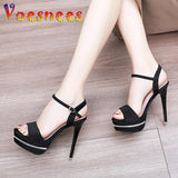 Black Party Women Shoes 12CM Stiletto Summer Elegant Sandals Waterproof Platform Fashion Design Wedding High Heels