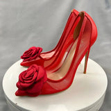 Women Sexy Patchwork Red Mesh Gauze Pointy Toe High Heel Party Shoes Elegant Flower Stiletto Pumps 8cm 10cm