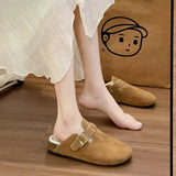 Fashion Women Winter Cork Slippers Closed Toe Artificial Fur Inside Low Heel Casual Soft Warm Fluffy Slide