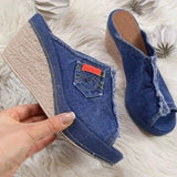 Summer Women's Solid Color Adult Daily Denim Fashion Slope Heel Muffin