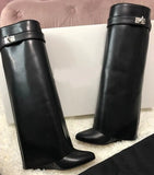 Lock Folded Woman Wedge Boots Black Leather Belt Height Increasing Knee High Boots Pointed Toe Winter Long Boots