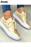 Gold Women's Vulcanized Shoes Solid Color Low Heel Flat Casual Shoes Lace Gold Buttons 2023 Versatile Lace Up