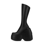 Furtado 2022 Women's wedges Boots 6cm Platform squareToe strange style 14cm Height Short ankle Boots red stretch boots