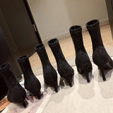 Luxury Women Black Flock Sock Boots Stiletto Thin High Heels Elastic knitting Boots Winter Stretch Fabric Ankle