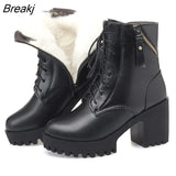 Women's Ankle 2023 New Genuine Leather Natural Wool Warm Winter Winter Chunky Heel Thick Bottom Platform Round Head Lace-up