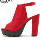 Women Chunky Platform Sandals Summer Flock Thick High Heels Open Toe Ankle Buckle Strap Ladies Shoes