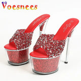 Clear Slippers Platform Outside Sandals Bling Sequined Nightclub Women Shoes Summer 2024 New Transparent Super High