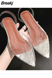PVC Transparent Women Pumps Sandals Crystal Mid Heels Pumps Rhinestone Pointed Toe Women Bridesmaid Wedding Shoes