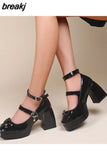 Women Heels Fashion Bow Heart Buckle Platform Lolita shoes Women Pumps Leather High Heels Square Toe Mary Janes Shoes