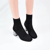 Color 7cm Square Heels Socks Boots Women Big Size 43 Stretch Fabric Elastic Pointed Toe Shoes Ankle Boot Woman