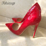 Red Crocodile-Effect Embossed Pattern Women Sexy Stiletto High Heels Shallow Cut Pointed Toe Slip On Pumps Party