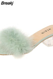 Fluffy Peep Toe Sexy High Heels Women Shoes Fur Feather Lady Fashion Wedding Slip-On Pink Square Sandals Tacones
