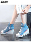 New Spring Summer Classic Wedges Shoes High Top Pumps with Zipper Canvas Shoes Women Casual Height Increasing Platform