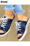 Women Canvas Sandals Breathable Summer Slippers Lace Up Open Toe Ladies Faux Denim Flat Shoes Zapatos Mujer