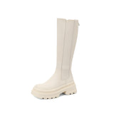 Women Genuine Leather Knee High Chelsea Boots Round Toe Platform Thick High Heel Zipper Ladies Long Boot Autumn Shoes