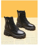 Leather Platform Ankle Boots Women Lace-Up Zipper Thicked Plush Snow Boots Woman Winter Non-Slip Warm Cotton Shoes