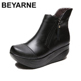 New Women Snow Boots Platform Genuine Leather Winter Women's Shoes Lace Up Fur Boots Black Warm Ankle