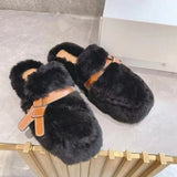 Round Toe Slippers Luxury Women Flat Feather Mules Shoes Winter Party Slides Comfort Fur Shoes Half