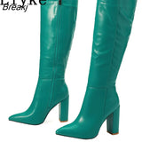 Fashion Runway Red White Women Knee High Boots Sexy Pointed Toe Zip Square Heels Ladies Leather Winter Long Shoes