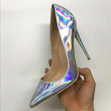 Laser Shiny Silver Patent Women Pointy Toe High Heel Party Shoes Gorgeous Ladies Wedding Stiletto Pumps 8cm 10cm