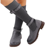 Plus Size 35-43 Women's High Heel Mid Boots Warm Wool Knitting Leather Boots for Women Wedge Buckle Ladies Short