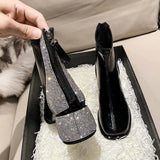 Boots Luxury Back Zipper Square Head Black Square Heel Crystal Shiny Shoes for Women Fashion High Heel Botas De