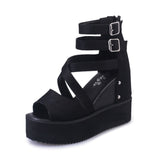 Korean Female High-End Zipper Hollowed Out Roman Sandals Muffin Thick Soles Raised Fish-Mouth Slope Heels For Women's