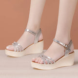 Heel Slope Sandals Wear 2023 Summer New Muffin Thick Soles Fashionable Large Size Soft Soles Gold Sandals