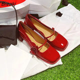 Women Flat Shoes Black Leather Shoes Flower Mary Jane Shoes Square Toe Square Heel Spring