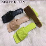 Size 35-41 Slippers Women Flat Square Toe Slides Beach Flip Flops Fashion Embroidery Sandal Gingham Slipper Apple Green