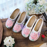 Breakj Single Slippers / Cotton Slippers Linen Peony Embroidered Round Head Flat Cloth Shoes Sandals Embroidered Women's