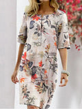 Spring Summer New Lady Casual Loose Midi Dress Women half Sleeve Vintage Printed Dresses Fashion Split Crew Neck Pullover