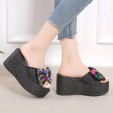 Plus Size 35-43 Slippers Women's Fashion Sequin Bow High Heel Sandals Sexy Platform Shoes Slippers
