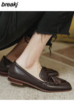 Retro British Style Square Head Women's Loafers Shoes Spring Summer Style Tassel Comfortable Single Shoes Women Brown