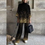 New Popular Turtleneck 2pc Sets Women Fashion Leopard Print Splicing Pullover Top + Wide Leg Pant Suit Lady Casual Home