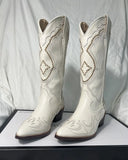 White Cowboy Western Knee High Boots Design Chunky Heel Pointed Toe Slip On Autumn Long Boots Ridding Casual