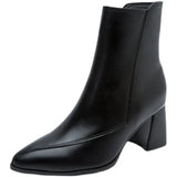 Boots Female 2023 Autumn And Winter New Korean Version Of Fashion Pointed Thick Heel Side Zipper Short Tube Fashion Pure Black Women's