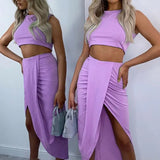Solid Casual 2 Pieces Set Streetwear Sleeveless Sweatshirt+Mini Skirt Ladies Sets Summer Female Drawstring Slim