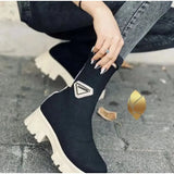 Knitting Boots Women's 202243 Large Size Thick Heel Solid Color Mid-tube Warm Elastic Flying Knitting Boots