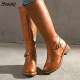 PU Leather Women Long High Boots Riding Casual Belt Buckle Zipper Autumn Platform Winter Low-heeled Black Brown Retro