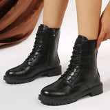PU Leather Black Ankle Boots Women 2023 Autumn Zip Lace Up Platform Shoes Woman Fashion Non Slip Motorcycle Botas