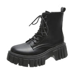 Chunky Platform Ankle Boots Women Pu Leather Square Heels Combat Booties Woman Black White Lace Up Short Boots