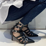 Summer Woman Boots Pointed Toe Split Leather Ladies Shoes 7 CM European Gladiator Botas Autumn Buckle Shoes Roman