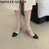 Elegant Mixed Color Slingback Sandals Women Elastic Band Back Strap Heel Pumps Brand Design Shoes Mule Dress Party