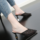 Summer Elegant Women Fashion Slipper Pointed Toe Half Slippers Women's Stiletto Mid Heel Mesh Comfortable