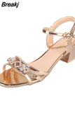 Women Sandals 2023 Heels Casual Shoes Womens Open Toe Summer Gold Shoes Square Female Buckle Strap Low Heels Footwear Woman