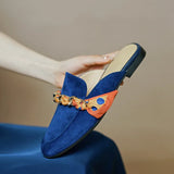 Women Mule Slippers Concise Style Simple Flat Shoes Cow Leather Round Toe Mules Spring Autumn Women Flats Kidsuede Chain